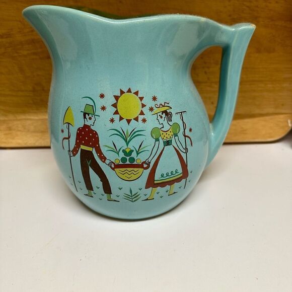 McCOY VINTAGE Blue Harvest Scene Pottery Pitcher 1960 Dish or Decor - Picture 1 of 7